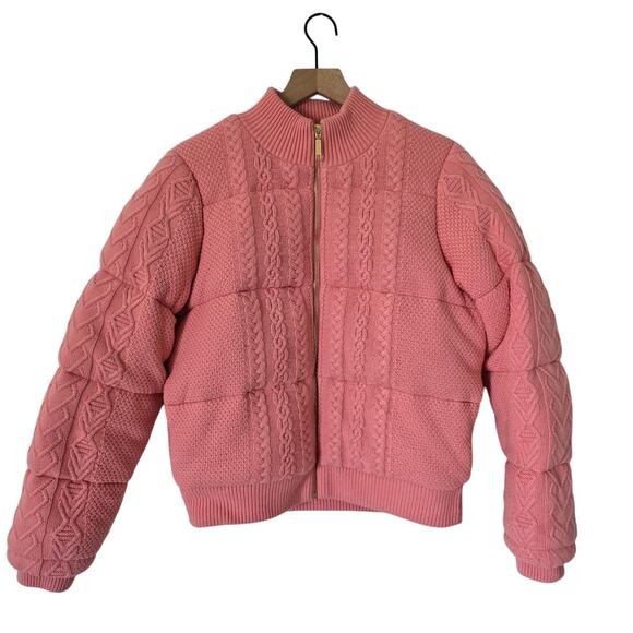 LoveShackFancy Andora Bomber Size L Pink Quilted Cable Knit Cotton Puffer Jacket - Picture 3 of 5
